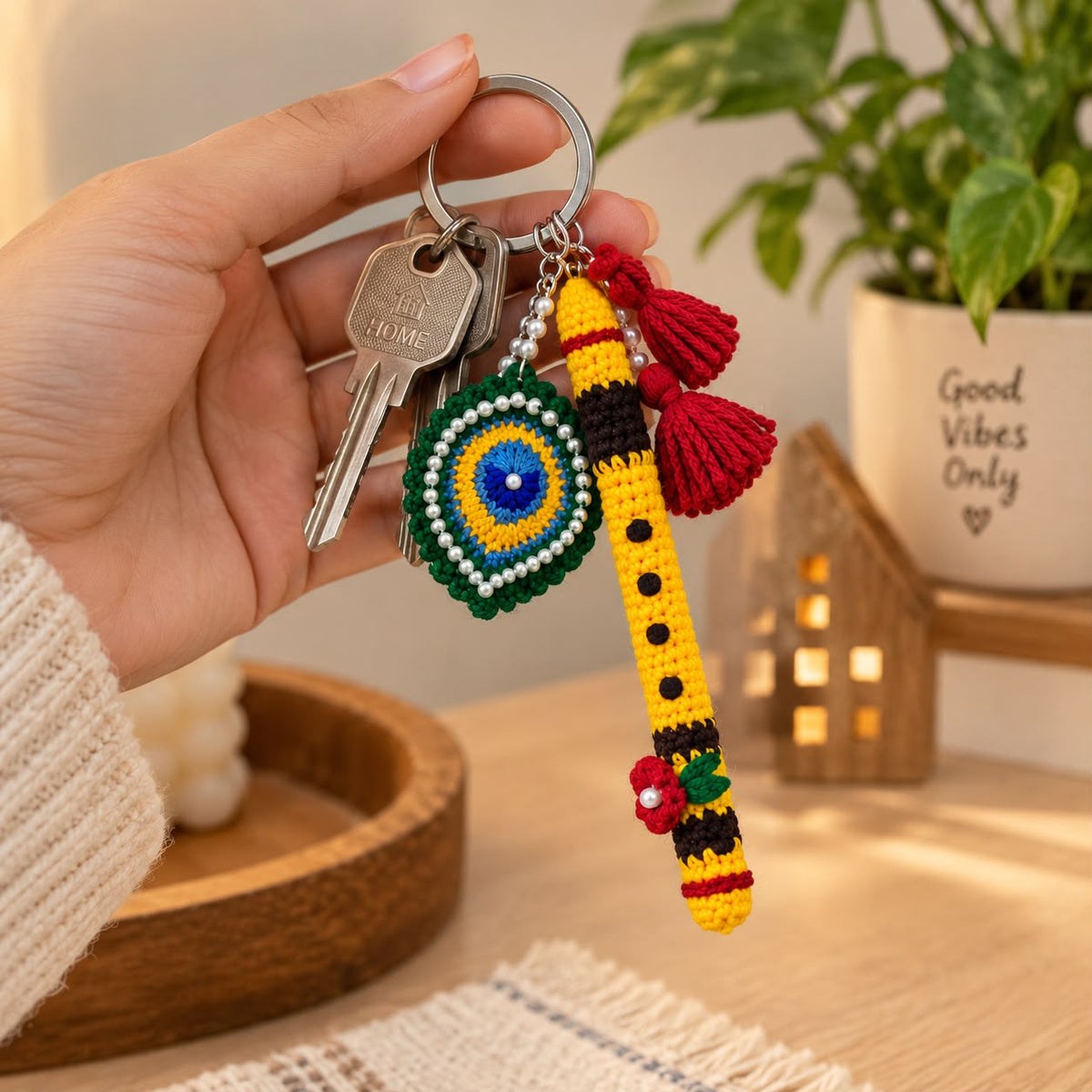 Handmade Crochet Flute and Peacock Feather Keychain Set with Pearl Embellishments