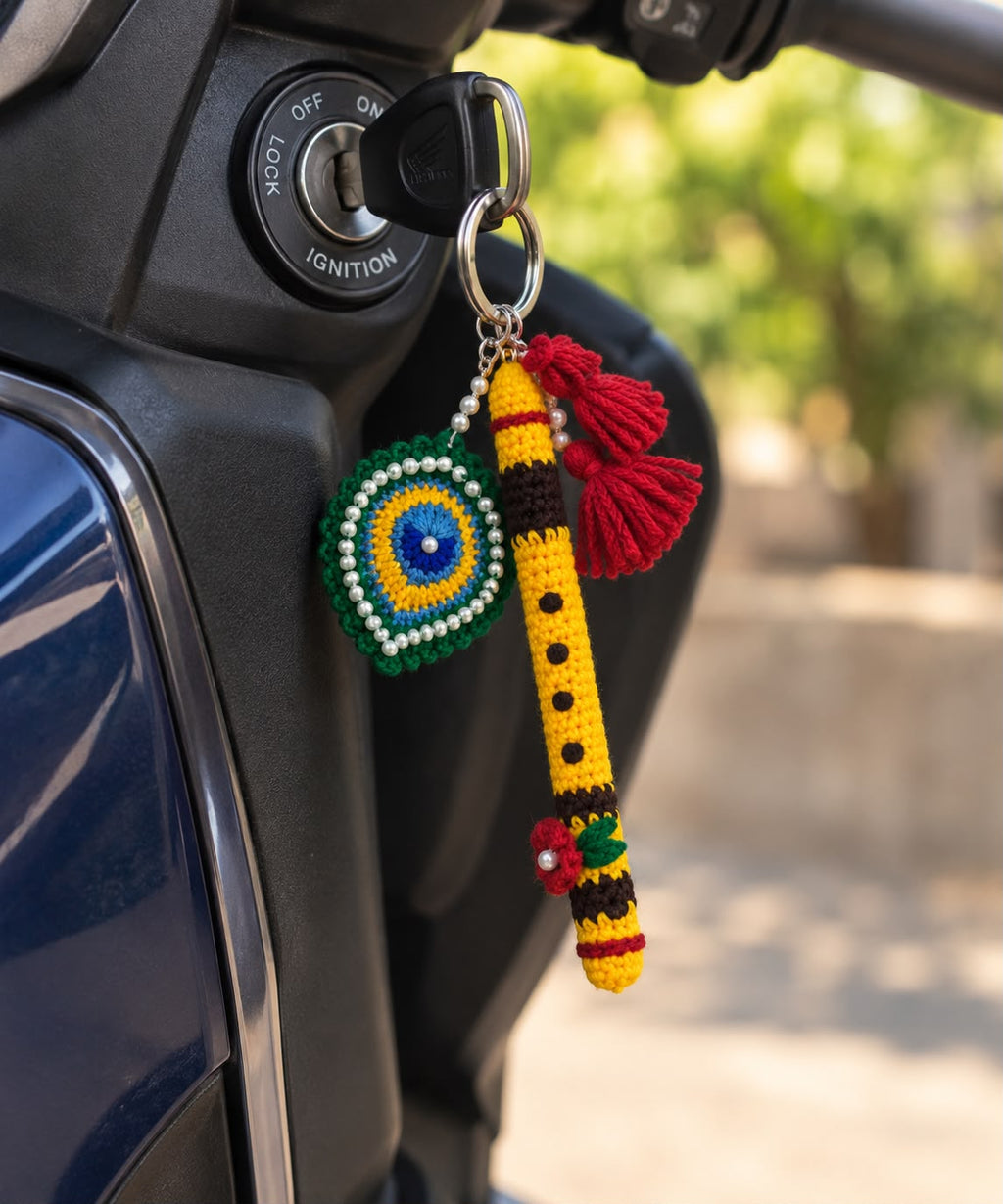 Handmade Crochet Flute and Peacock Feather Keychain Set with Pearl Embellishments