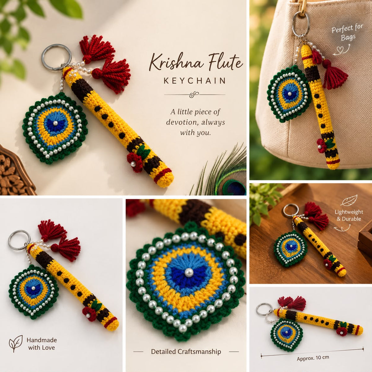 Handmade Crochet Flute and Peacock Feather Keychain Set with Pearl Embellishments