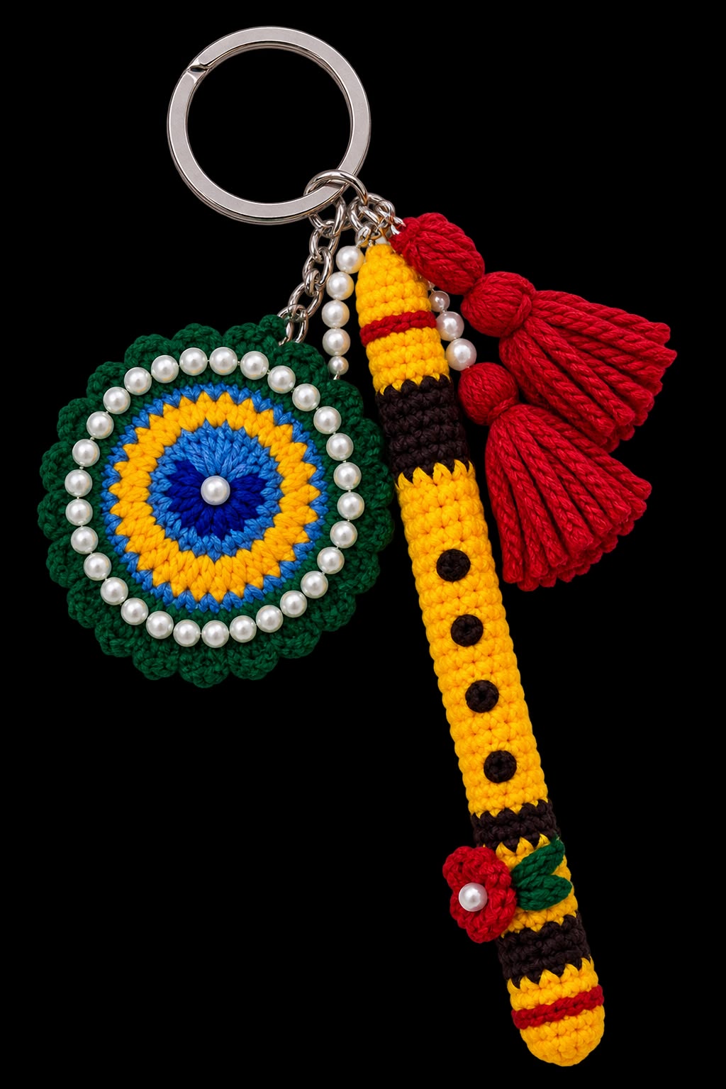 Handmade Crochet Flute and Peacock Feather Keychain Set with Pearl Embellishments