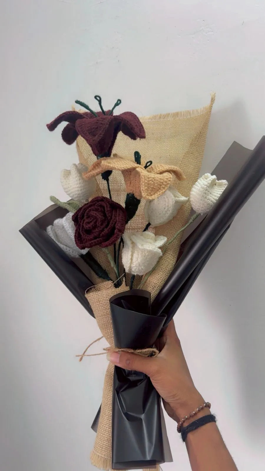 Burgundy Elegance – Handmade Crochet Flower Bouquet