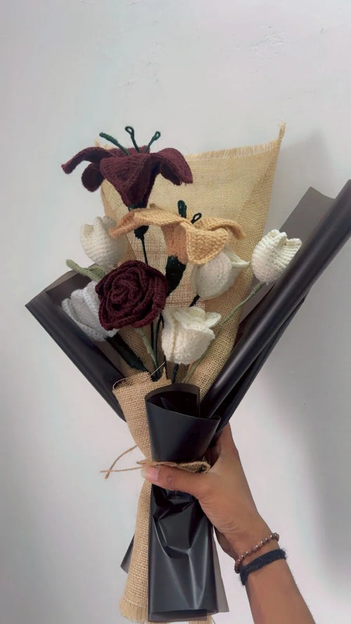 Burgundy Elegance – Handmade Crochet Flower Bouquet