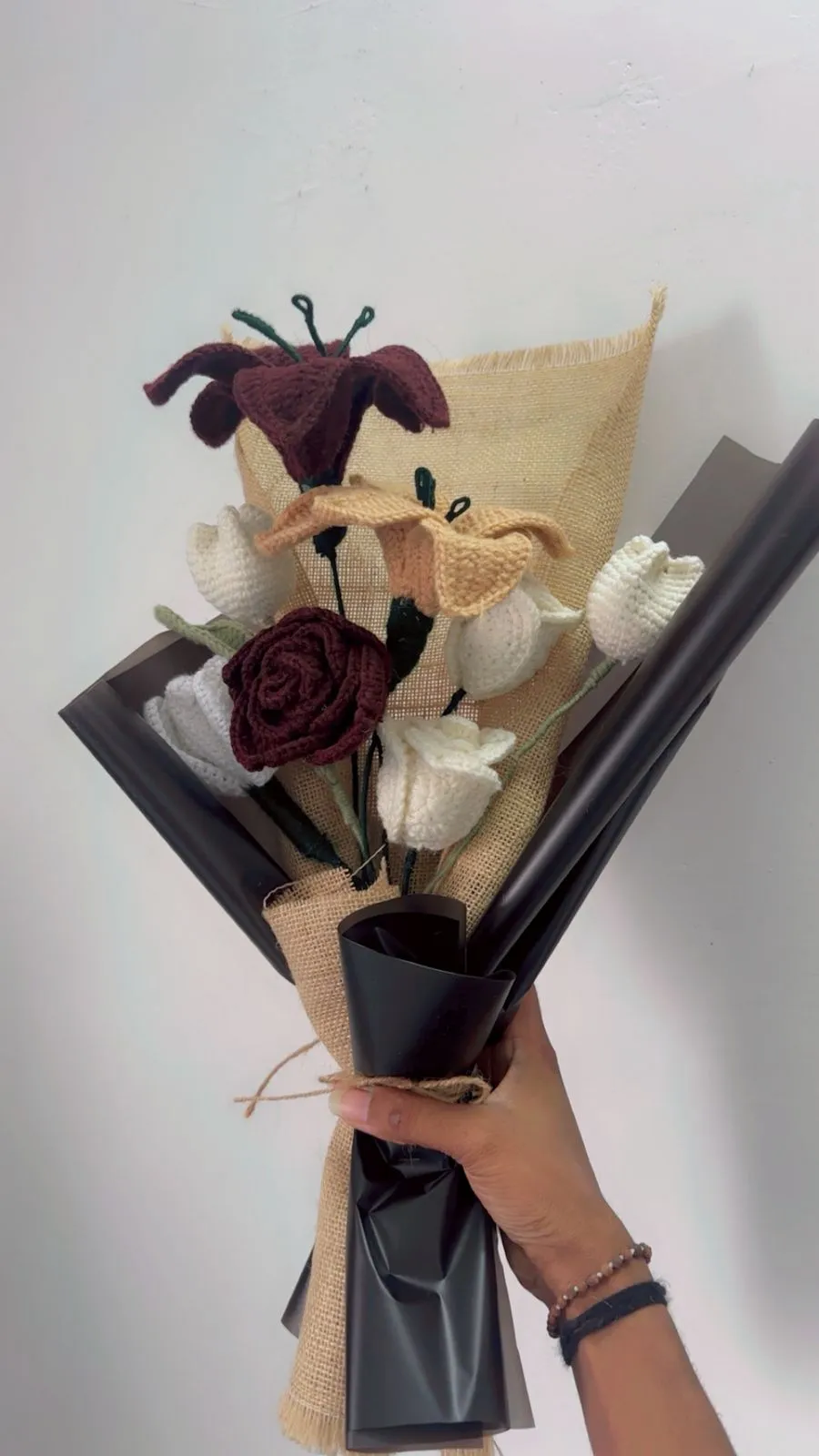Burgundy Elegance – Handmade Crochet Flower Bouquet