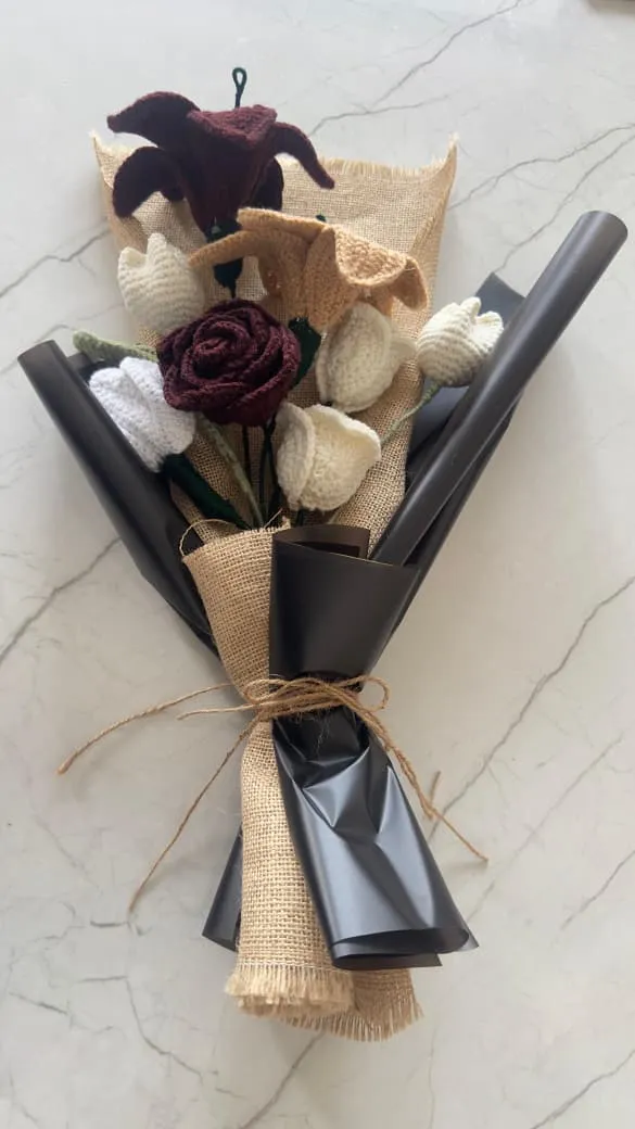 Burgundy Elegance – Handmade Crochet Flower Bouquet