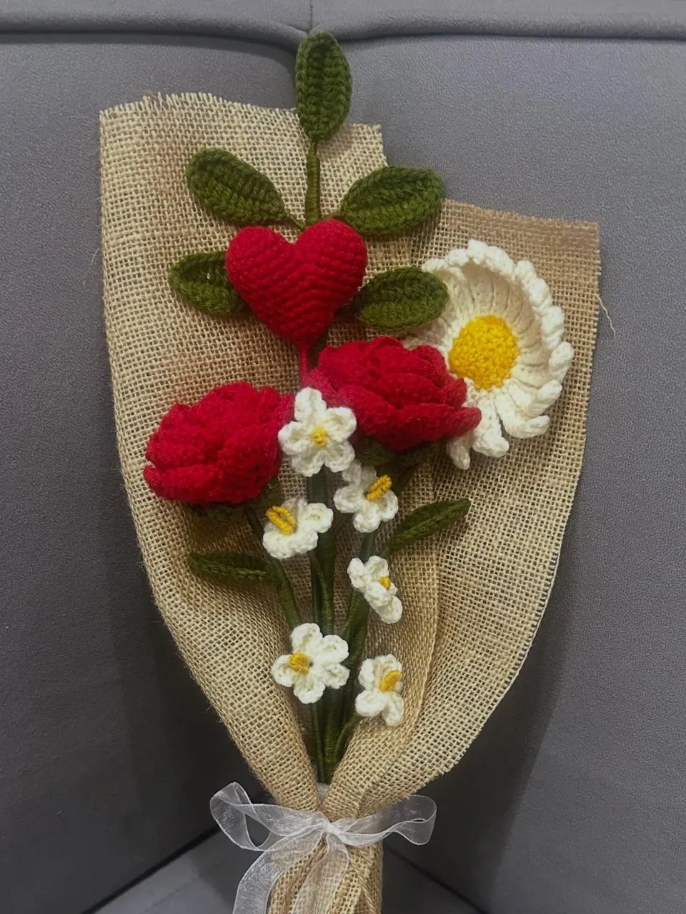 Heartfelt Blooms – Handmade Crochet Rose & Heart Bouquet