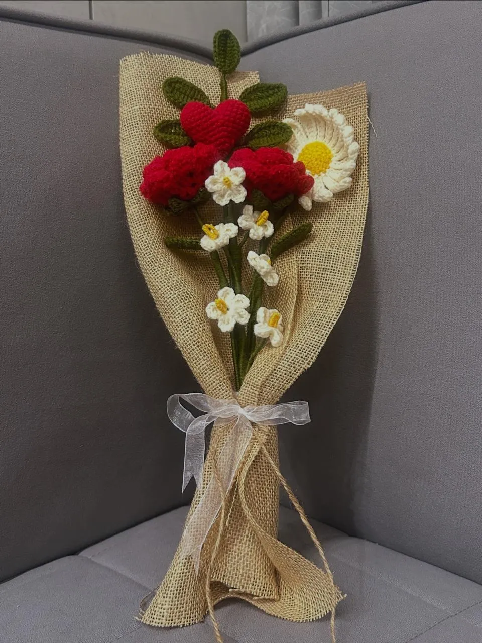 Heartfelt Blooms – Handmade Crochet Rose & Heart Bouquet