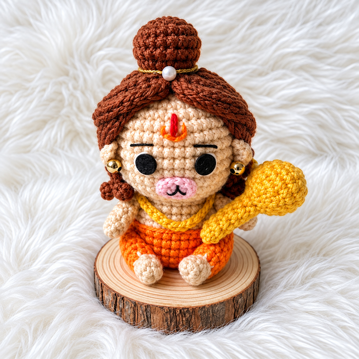 Crochet Hanuman Doll on Wooden Pedestal