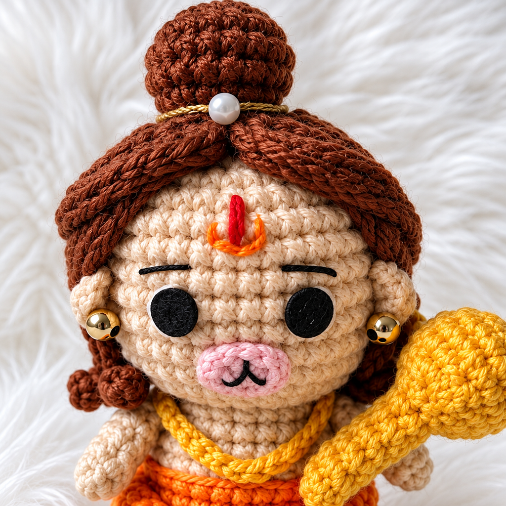 Crochet Hanuman Doll on Wooden Pedestal
