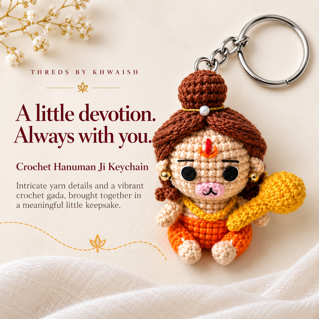 Crochet Hanuman Doll on Wooden Pedestal