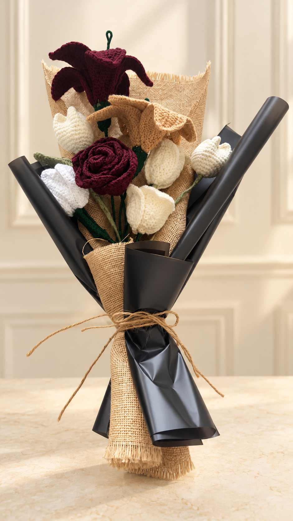 Burgundy Elegance – Handmade Crochet Flower Bouquet