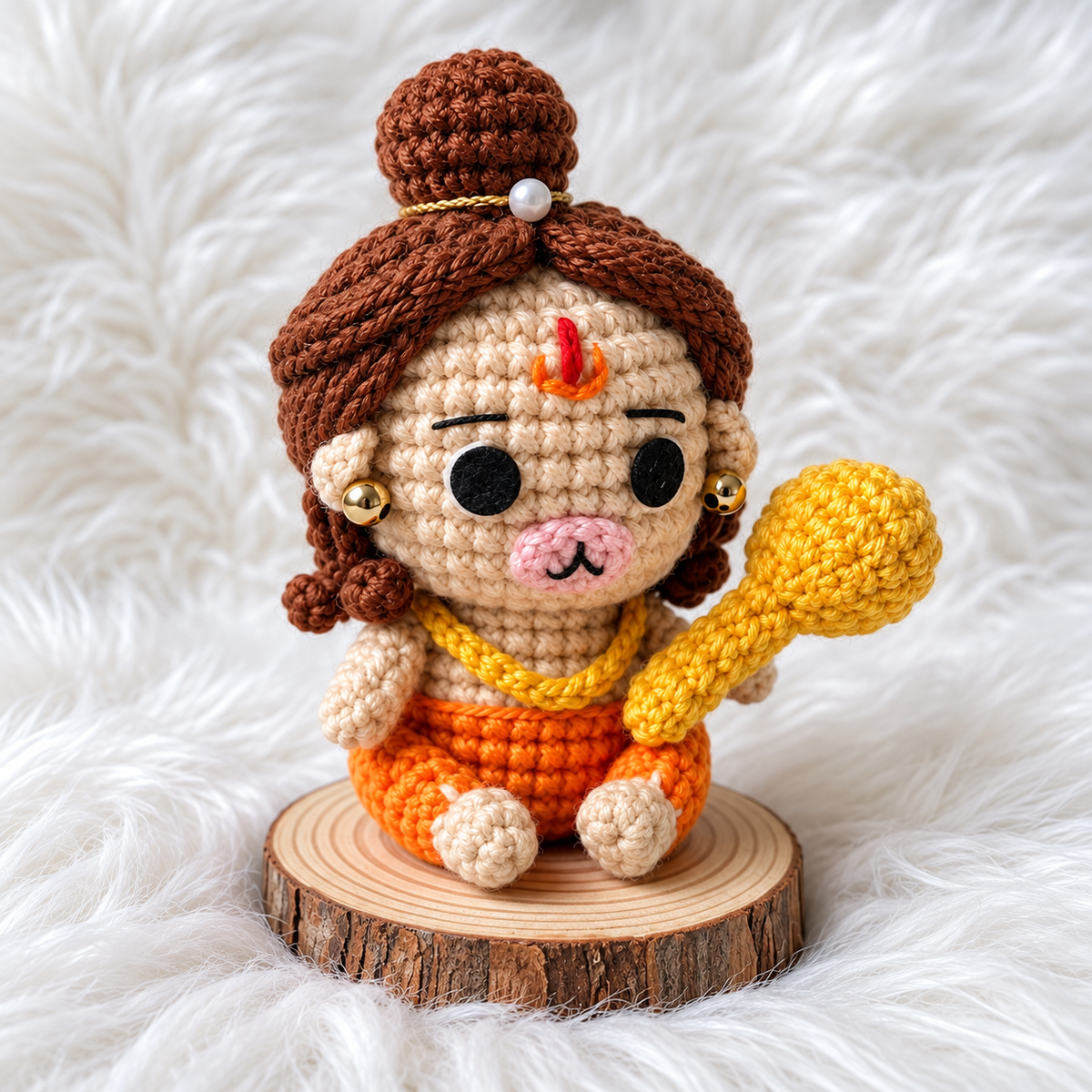 Crochet Hanuman Doll on Wooden Pedestal
