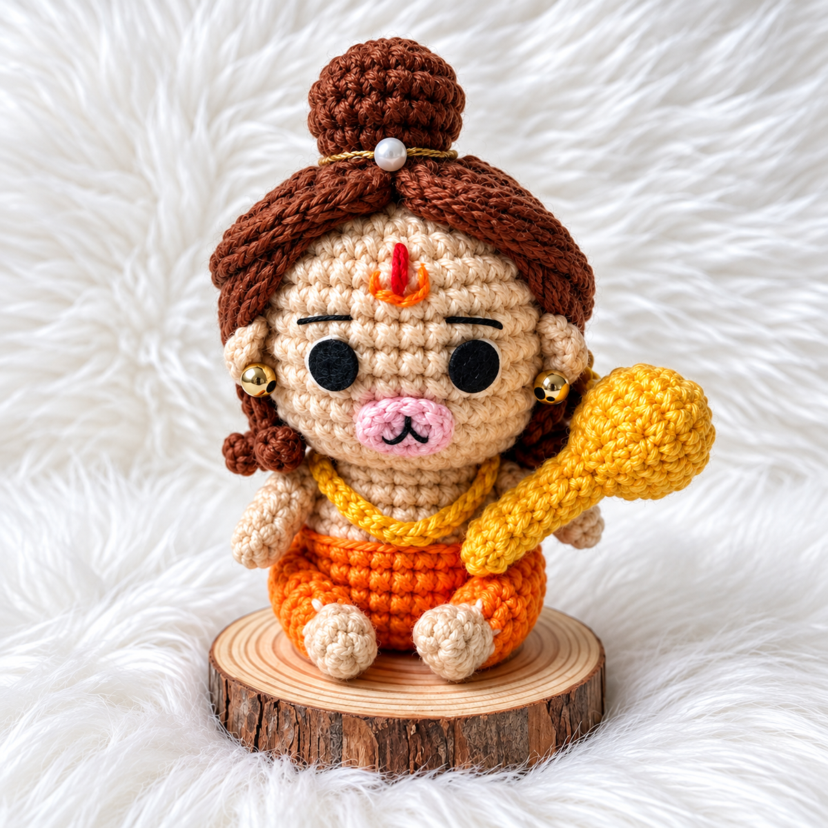 Crochet Hanuman Doll on Wooden Pedestal