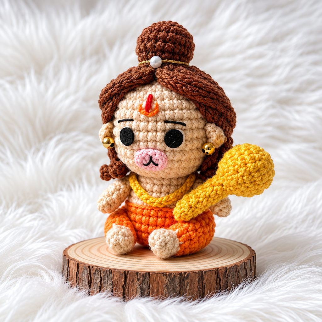 Crochet Hanuman Doll on Wooden Pedestal