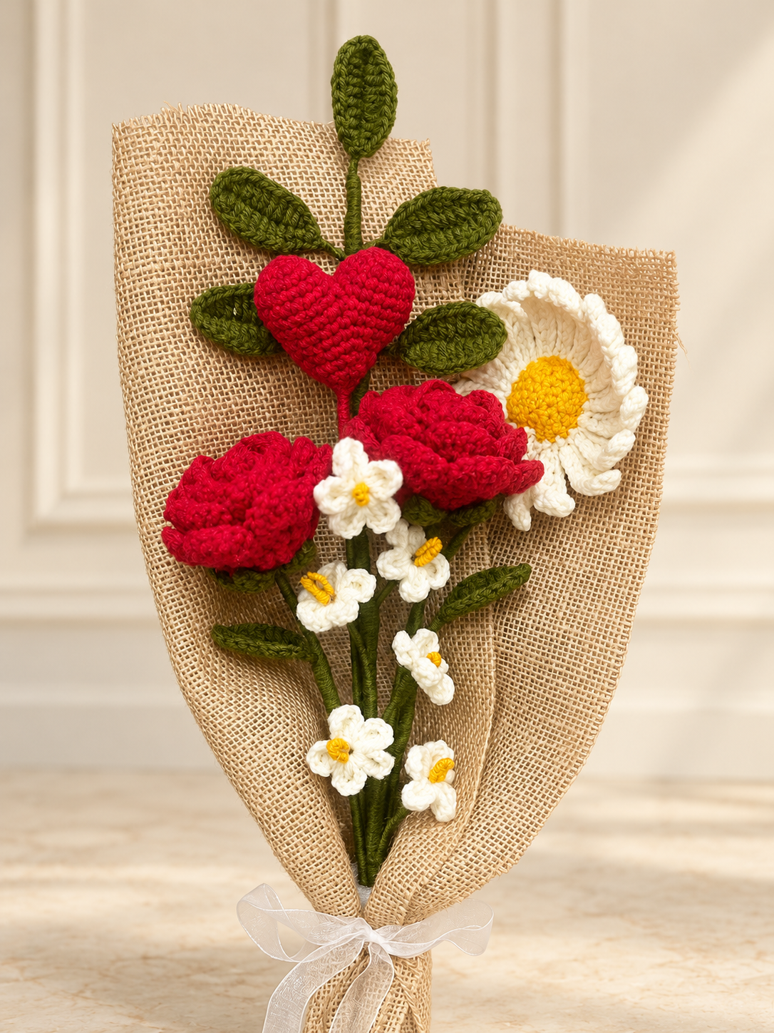 Heartfelt Blooms – Handmade Crochet Rose & Heart Bouquet