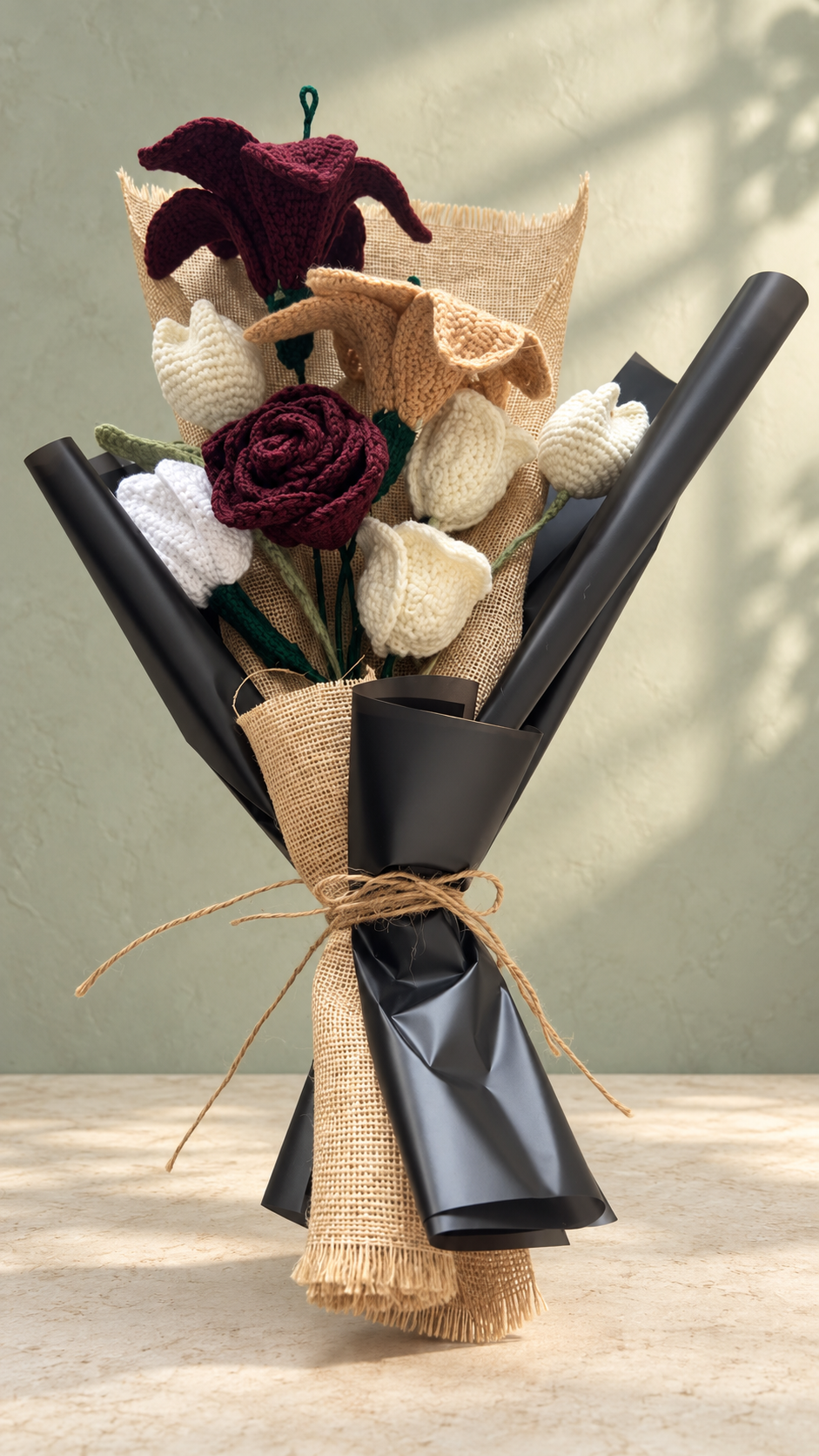 Burgundy Elegance – Handmade Crochet Flower Bouquet