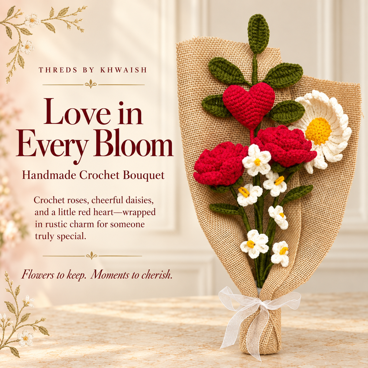 Heartfelt Blooms – Handmade Crochet Rose & Heart Bouquet