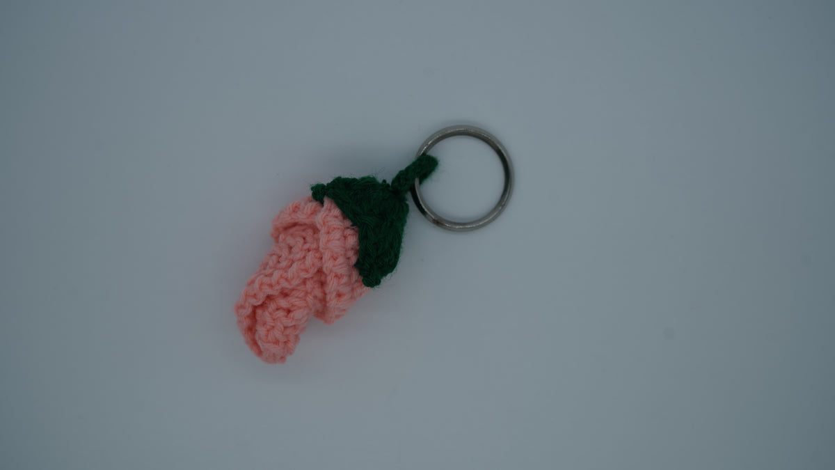 Handmade Crochet Pink Rose Keychain with Green Leaves