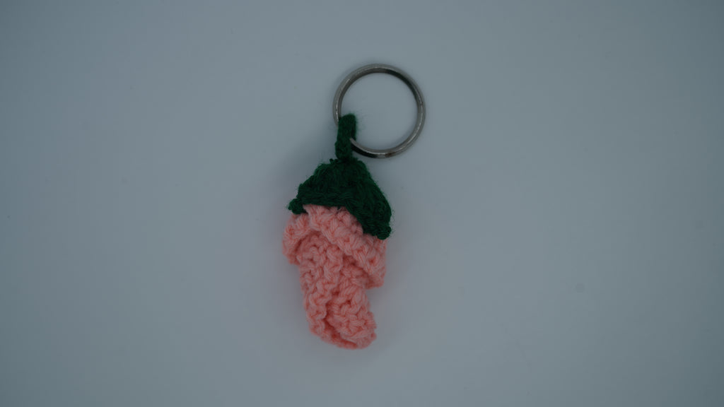 Handmade Crochet Pink Rose Keychain with Green Leaves