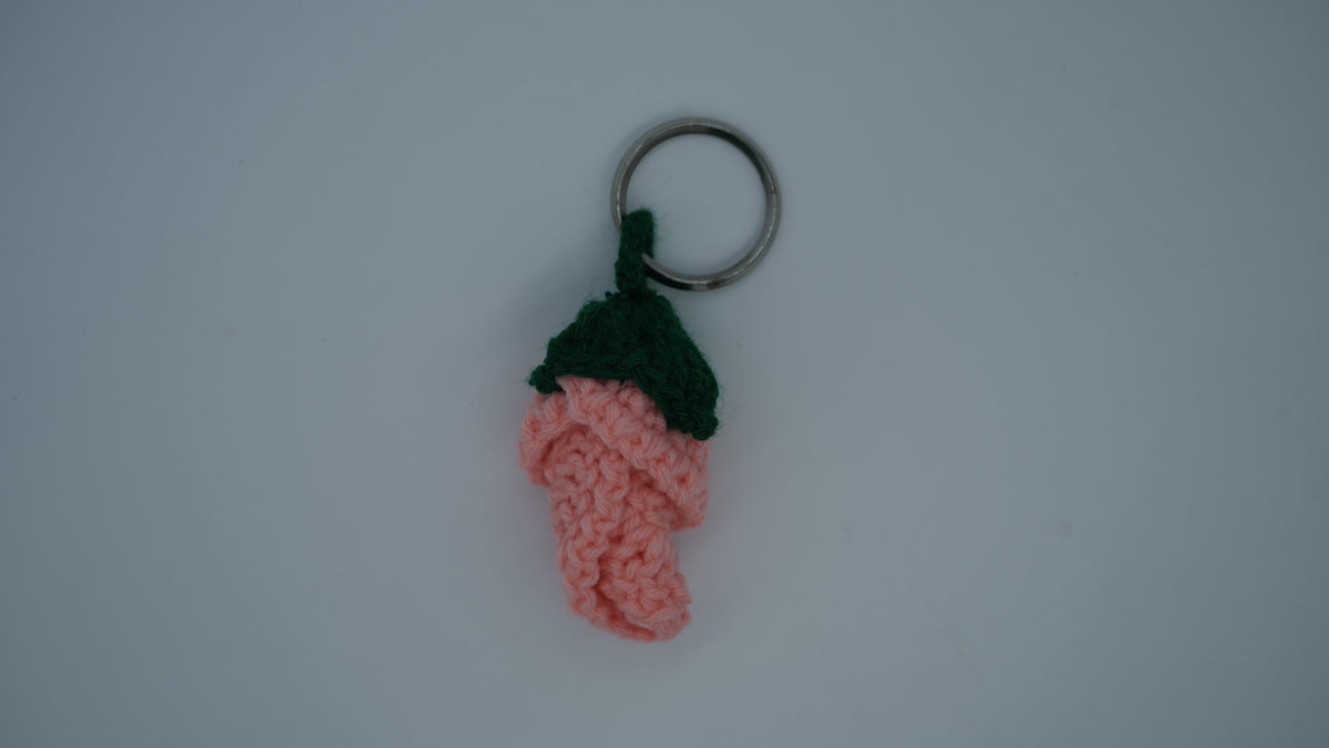 Handmade Crochet Pink Rose Keychain with Green Leaves