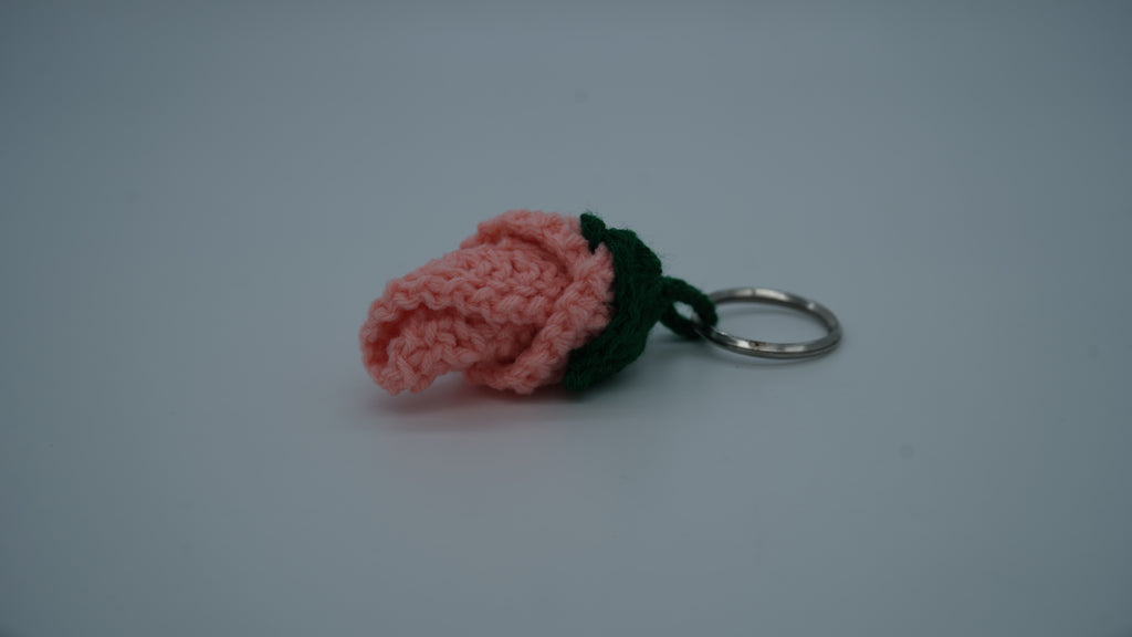 Handmade Crochet Pink Rose Keychain with Green Leaves
