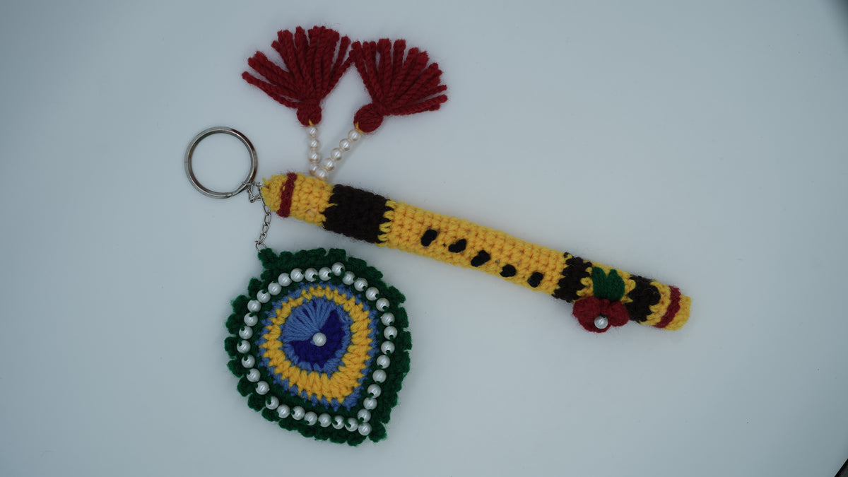 Handmade Crochet Flute and Peacock Feather Keychain Set with Pearl Embellishments