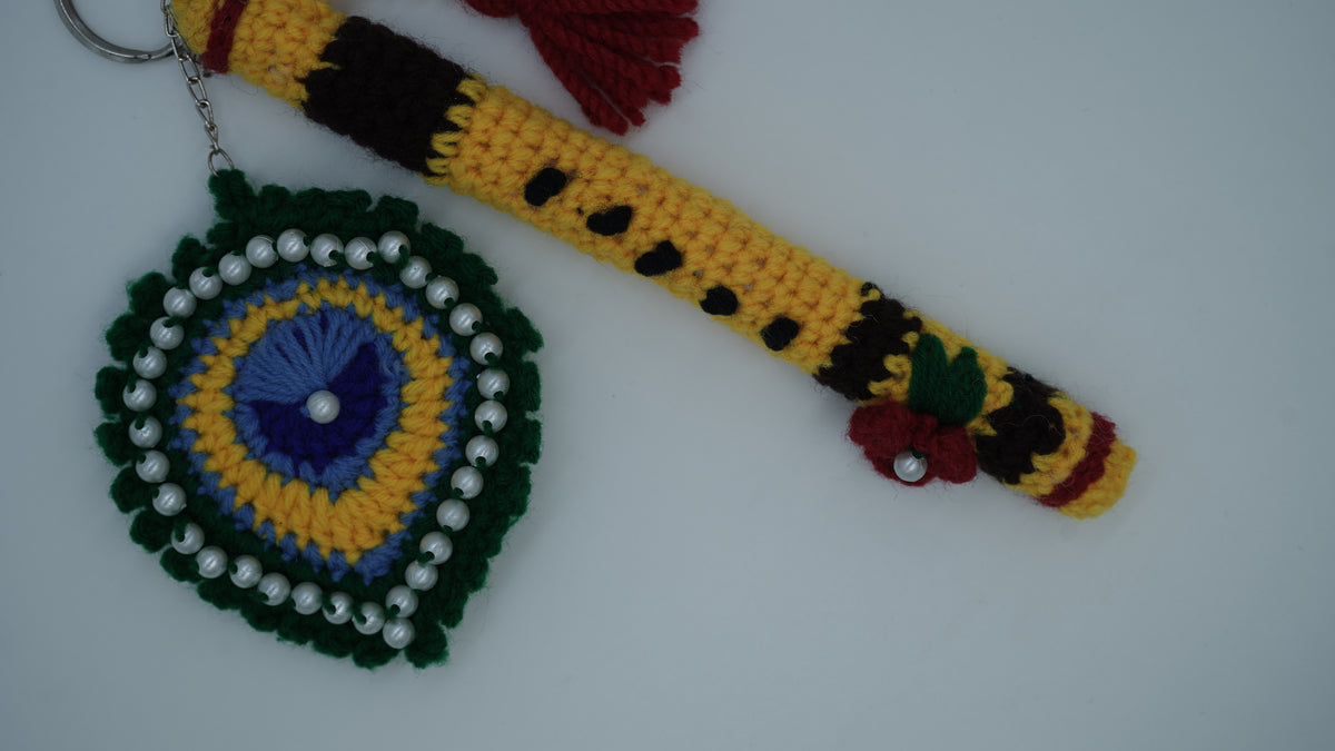 Handmade Crochet Flute and Peacock Feather Keychain Set with Pearl Embellishments