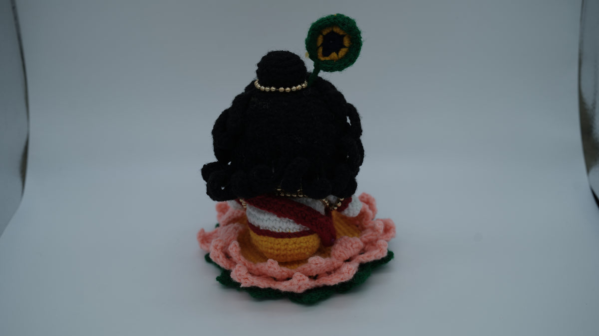 Handmade Crochet Laddu Gopal Ji Idol with Decorative Beads and Lotus Base