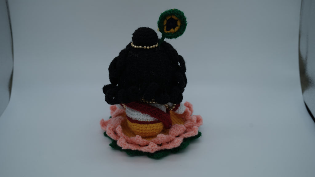 Handmade Crochet Laddu Gopal Ji Idol with Decorative Beads and Lotus Base