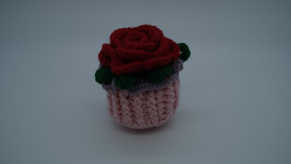 Handmade Crochet Red Rose Flower Pot with Green Leaves