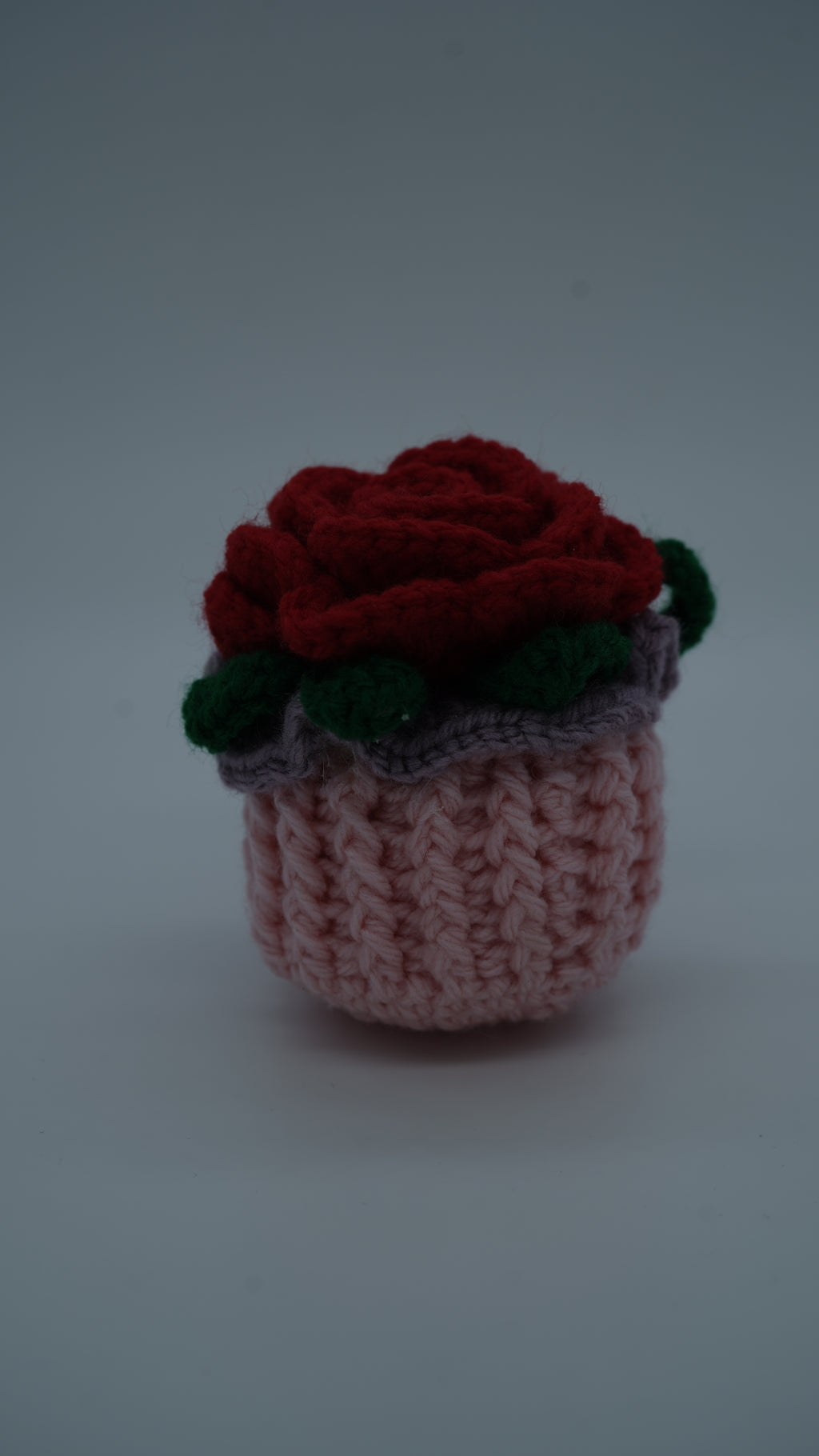 Handmade Crochet Red Rose Flower Pot with Green Leaves