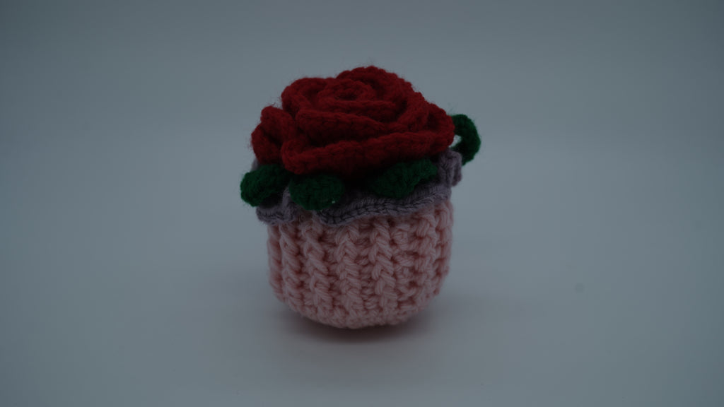 Handmade Crochet Red Rose Flower Pot with Green Leaves