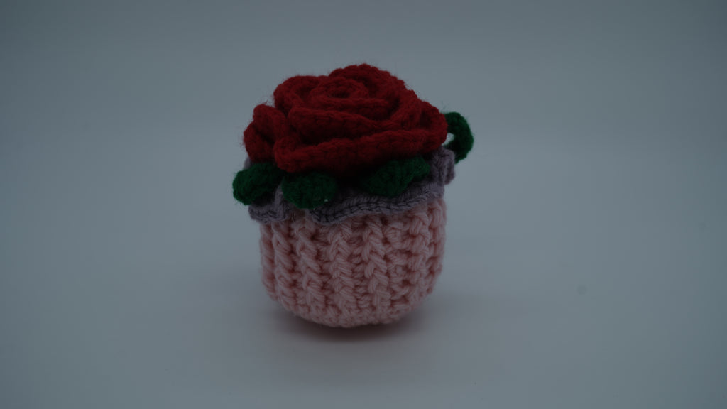 Handmade Crochet Red Rose Flower Pot with Green Leaves