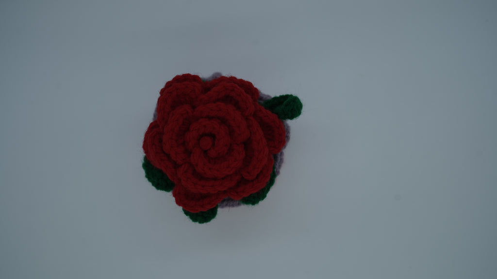 Handmade Crochet Red Rose Flower Pot with Green Leaves