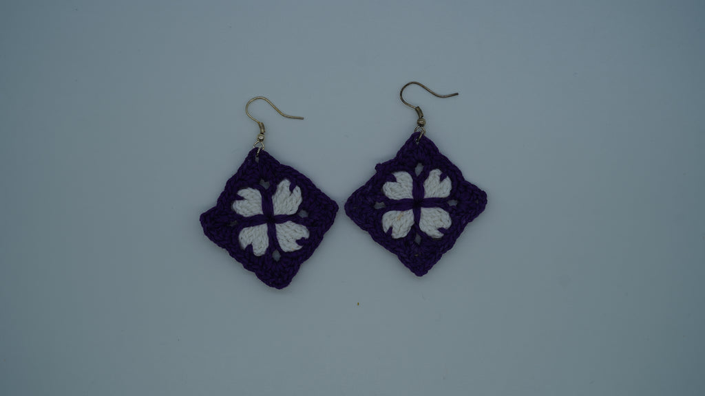 Purple and White Crochet Flower Earrings