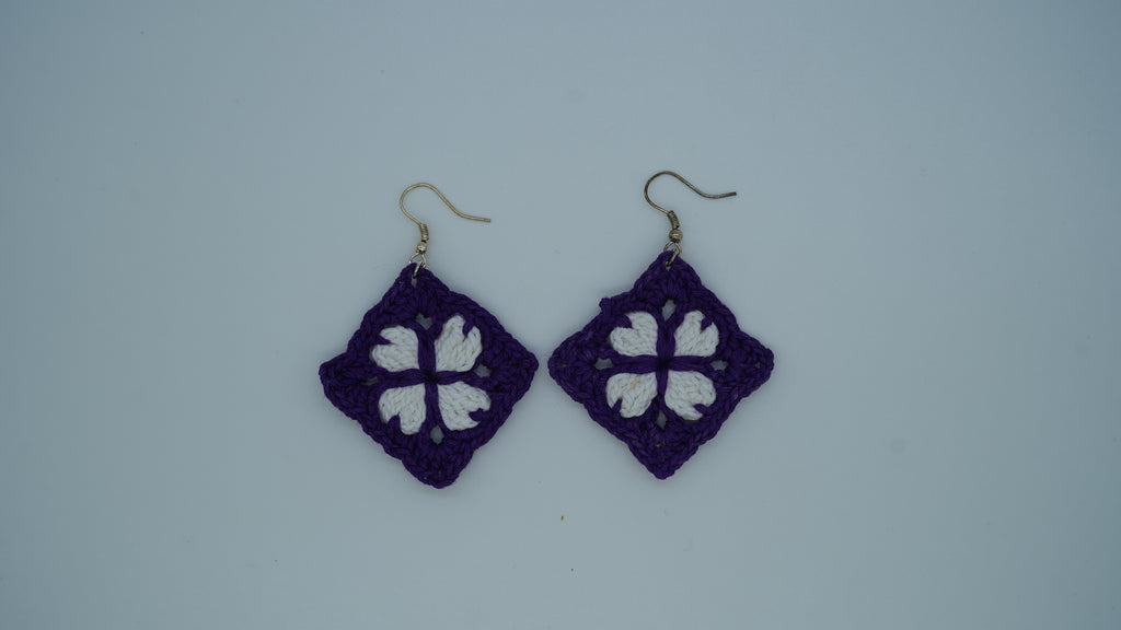 Purple and White Crochet Flower Earrings