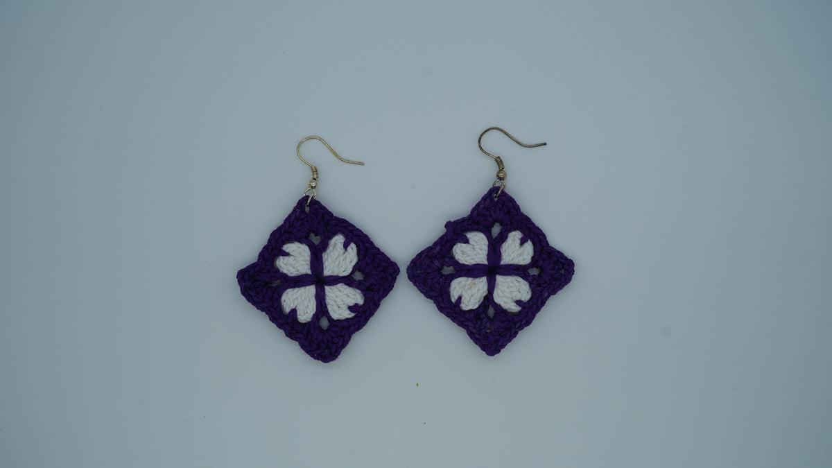 Purple and White Crochet Flower Earrings