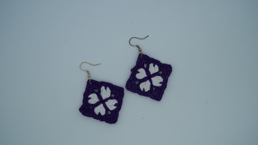 Purple and White Crochet Flower Earrings