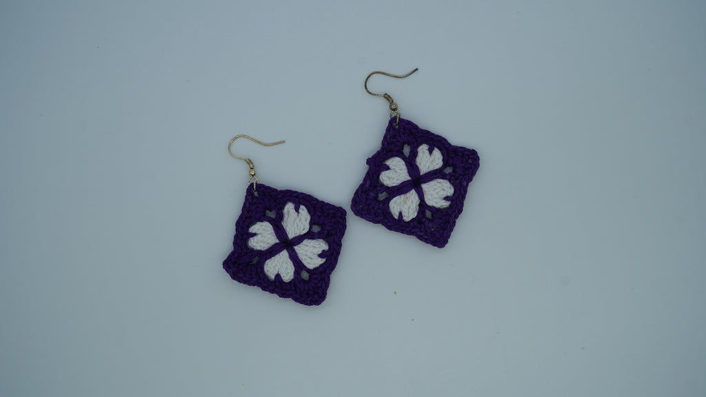 Purple and White Crochet Flower Earrings