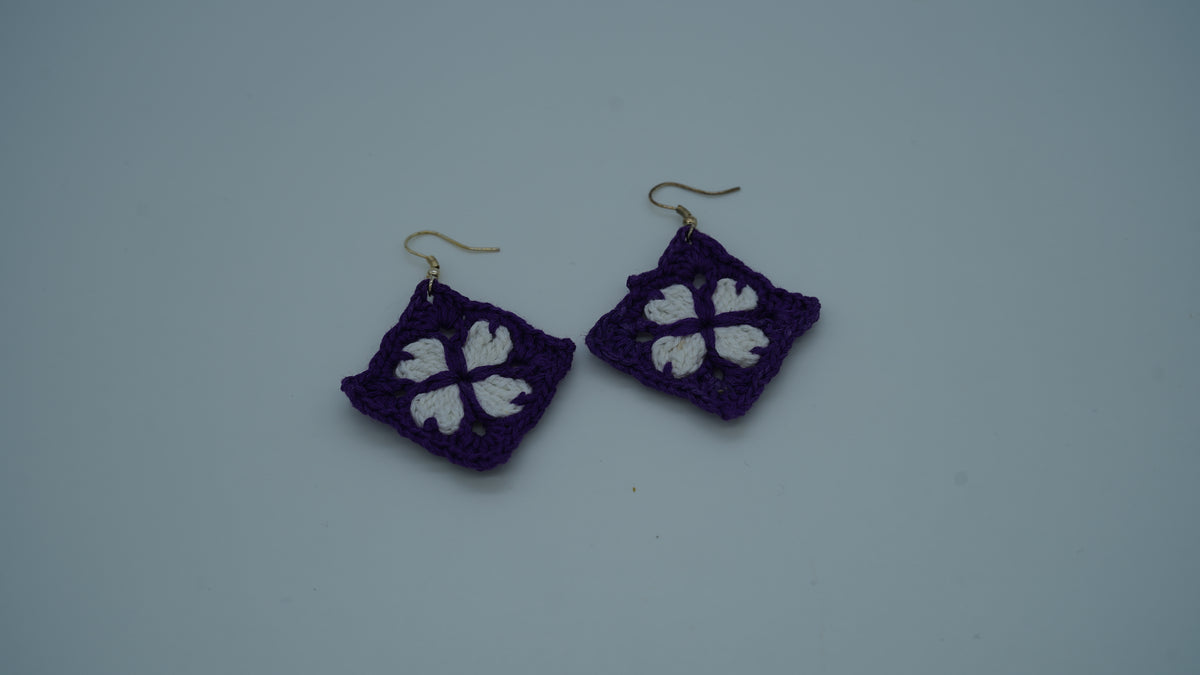 Purple and White Crochet Flower Earrings