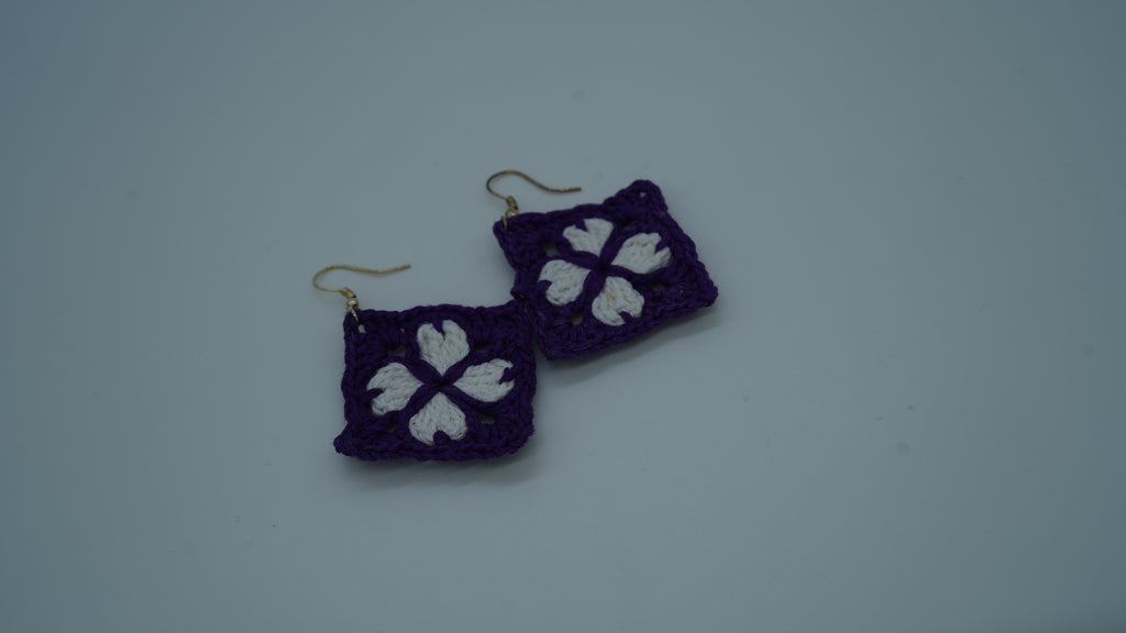 Purple and White Crochet Flower Earrings