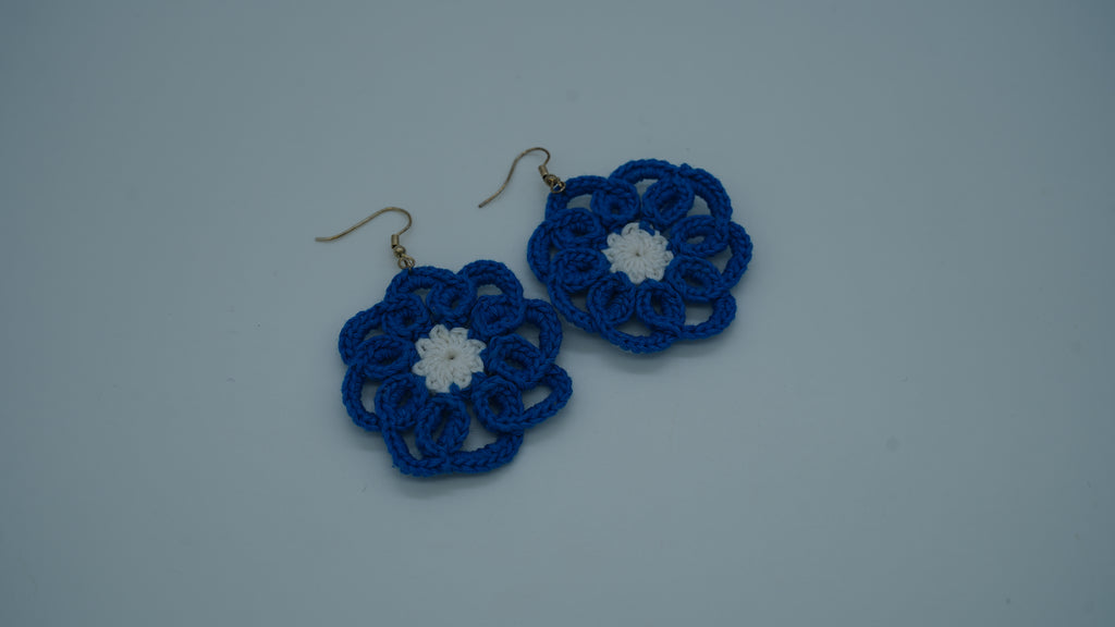 Handmade Blue & White Floral Crochet Earrings – Boho Flower Dangle Earrings