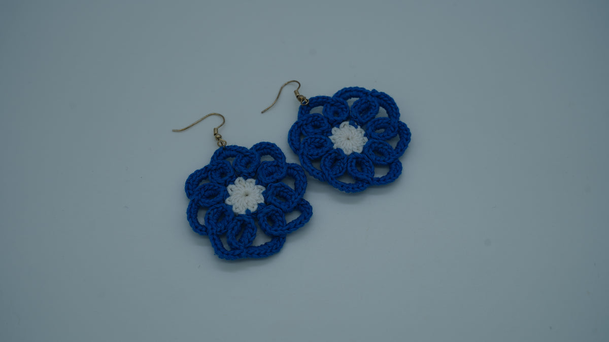 Handmade Blue & White Floral Crochet Earrings – Boho Flower Dangle Earrings