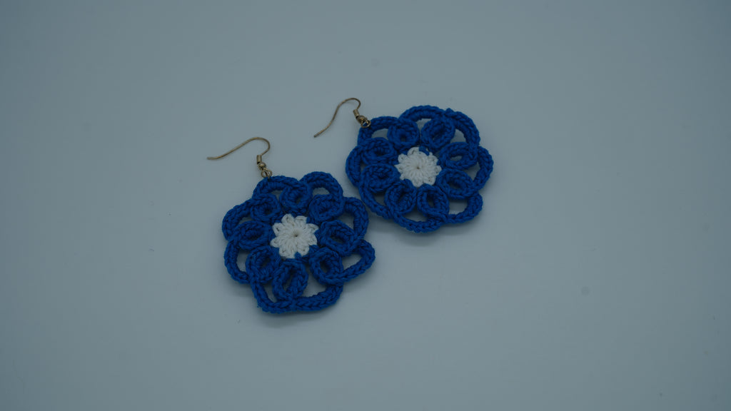 Handmade Blue & White Floral Crochet Earrings – Boho Flower Dangle Earrings