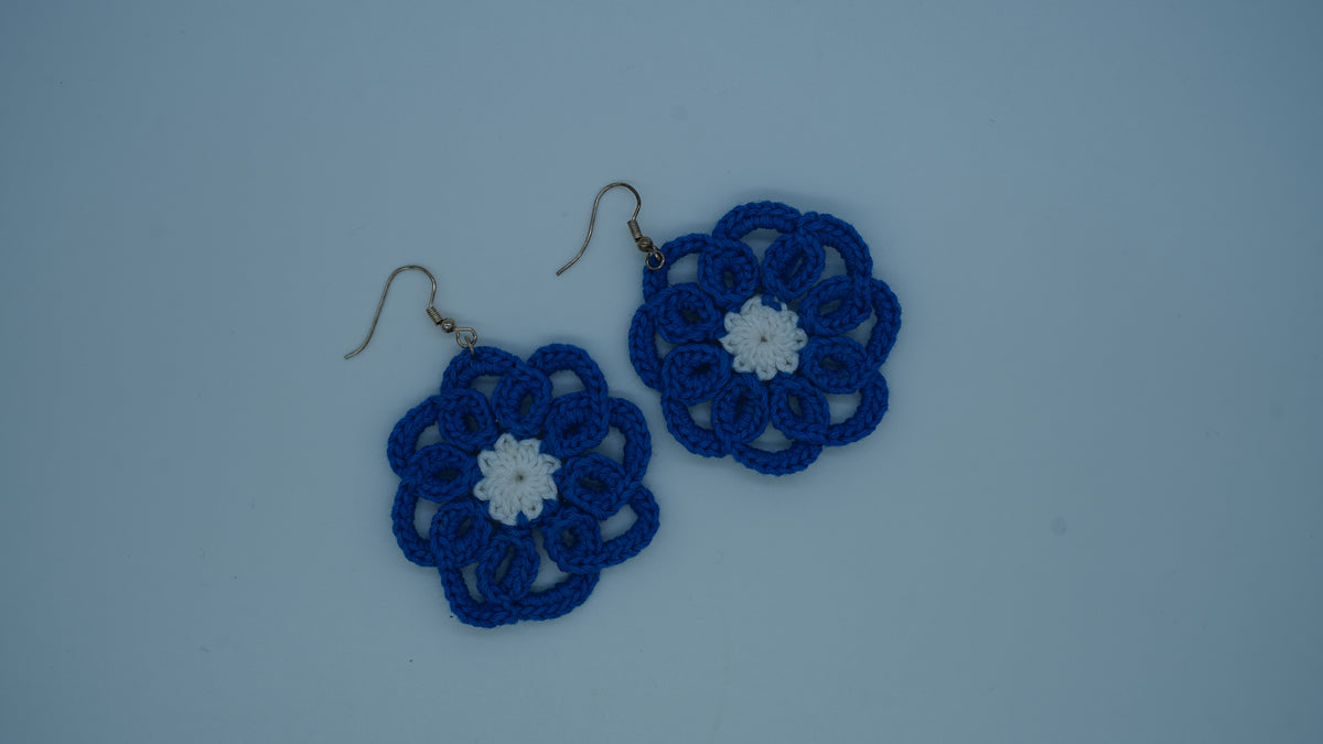 Handmade Blue & White Floral Crochet Earrings – Boho Flower Dangle Earrings