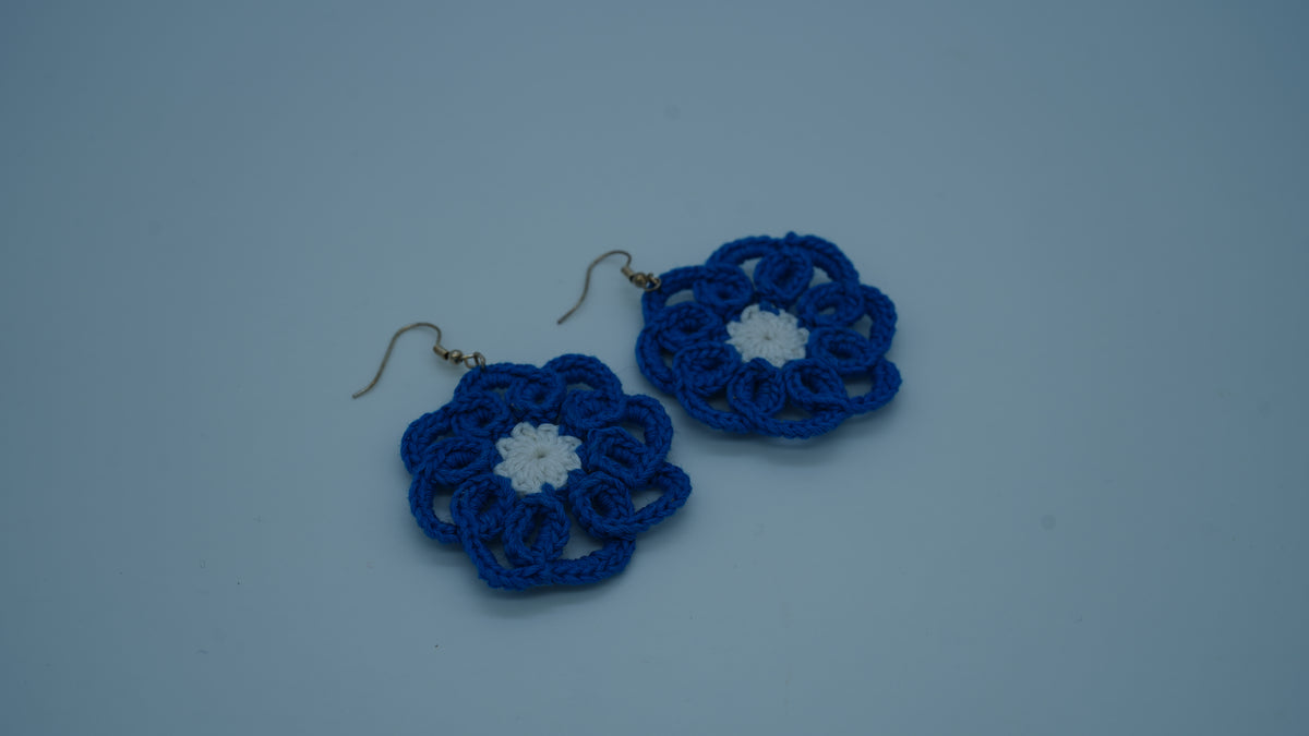 Handmade Blue & White Floral Crochet Earrings – Boho Flower Dangle Earrings