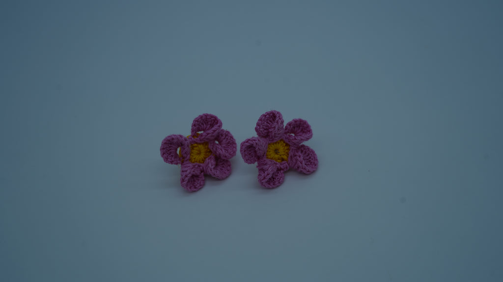 Handmade Pink & Yellow Crochet Flower Stud Earrings