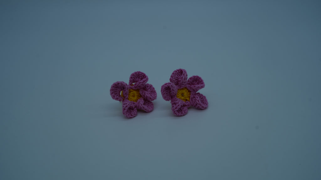 Handmade Pink & Yellow Crochet Flower Stud Earrings