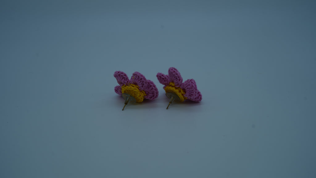 Handmade Pink & Yellow Crochet Flower Stud Earrings