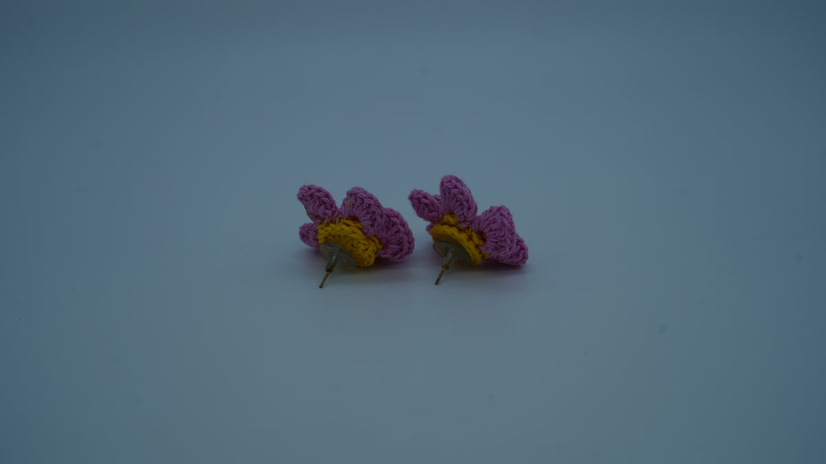 Handmade Pink & Yellow Crochet Flower Stud Earrings