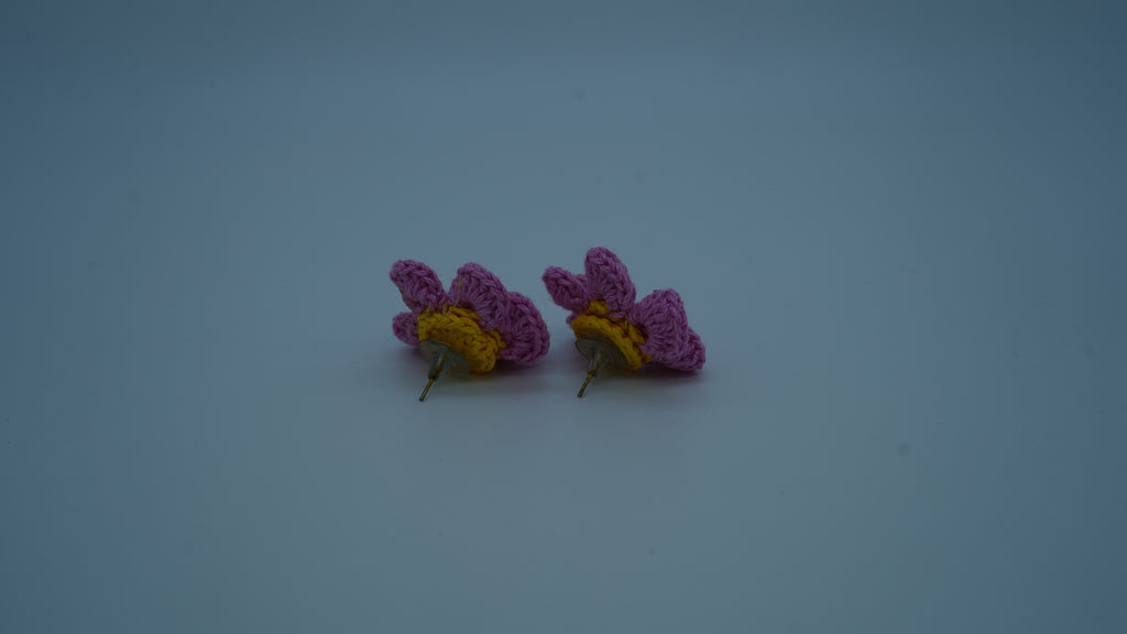Handmade Pink & Yellow Crochet Flower Stud Earrings